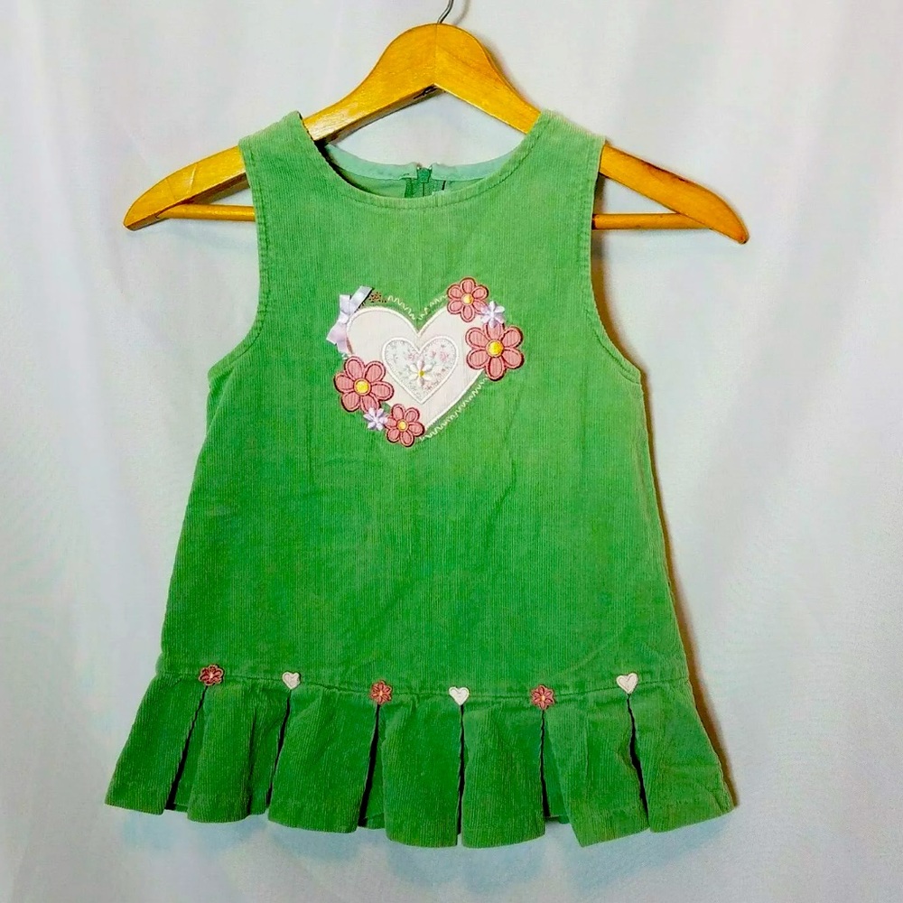 Vintage Bonnie Girls Green Corduroy Sleeveless Dress